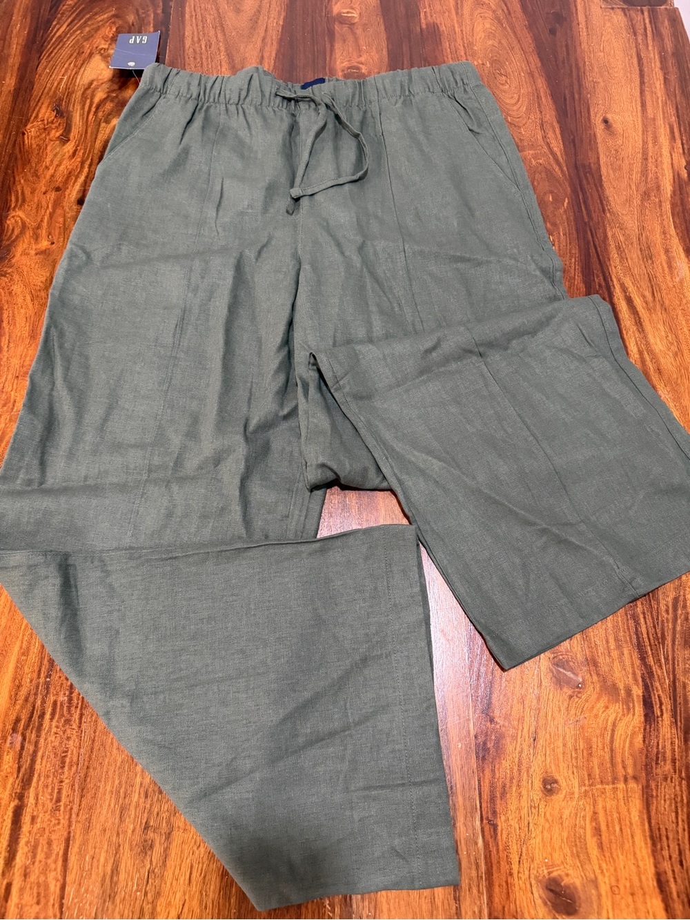 NWT GAP Linen Wide Leg Pull On Pants Olive Green L Drawstring $70